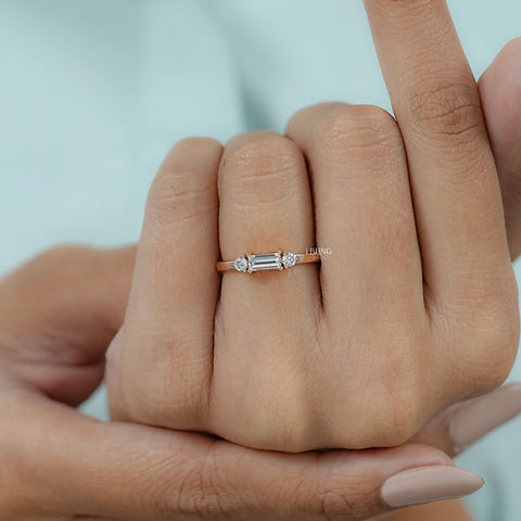 Bagutte Cut Lab Diamond Three Stone Wedding Band