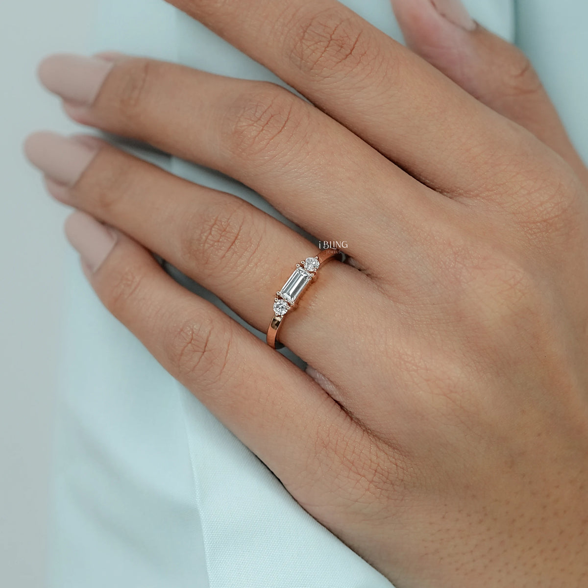 Bagutte Cut Lab Diamond Three Stone Wedding Band Three Stone Ring