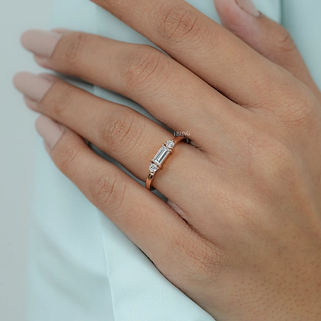 Bagutte Cut Lab Diamond Three Stone Wedding Band
