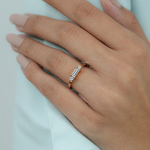 Bagutte Cut Lab Diamond Three Stone Wedding Band