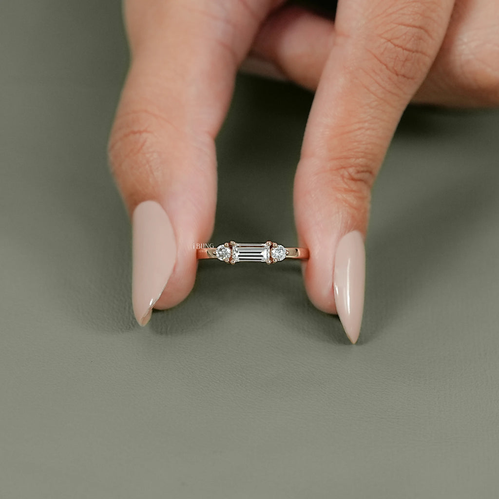Bagutte Cut Lab Diamond Three Stone Wedding Band