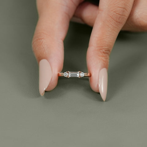 Bagutte Cut Lab Diamond Three Stone Wedding Band