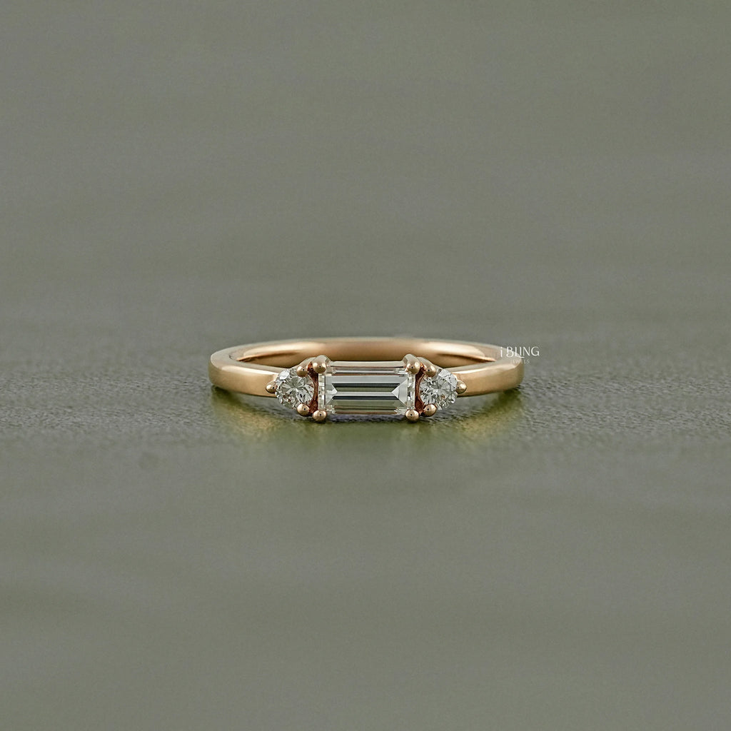 Bagutte Cut Lab Diamond Three Stone Wedding Band