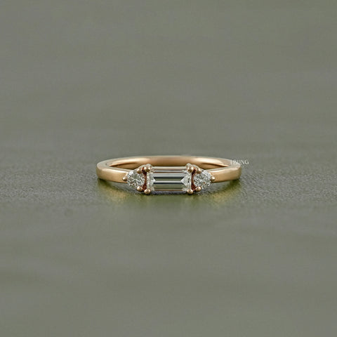 Bagutte Cut Lab Diamond Three Stone Wedding Band