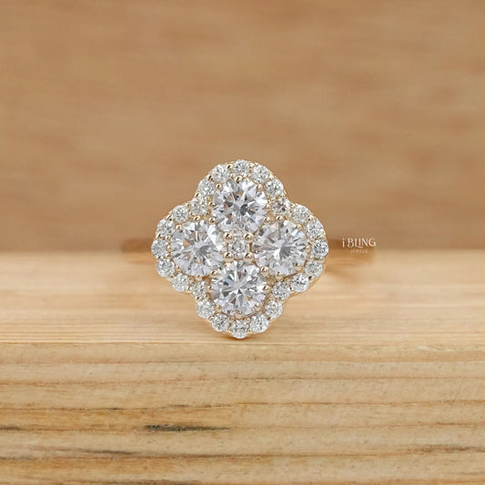 Round Lab Diamond Floral Design Halo Engagement Ring