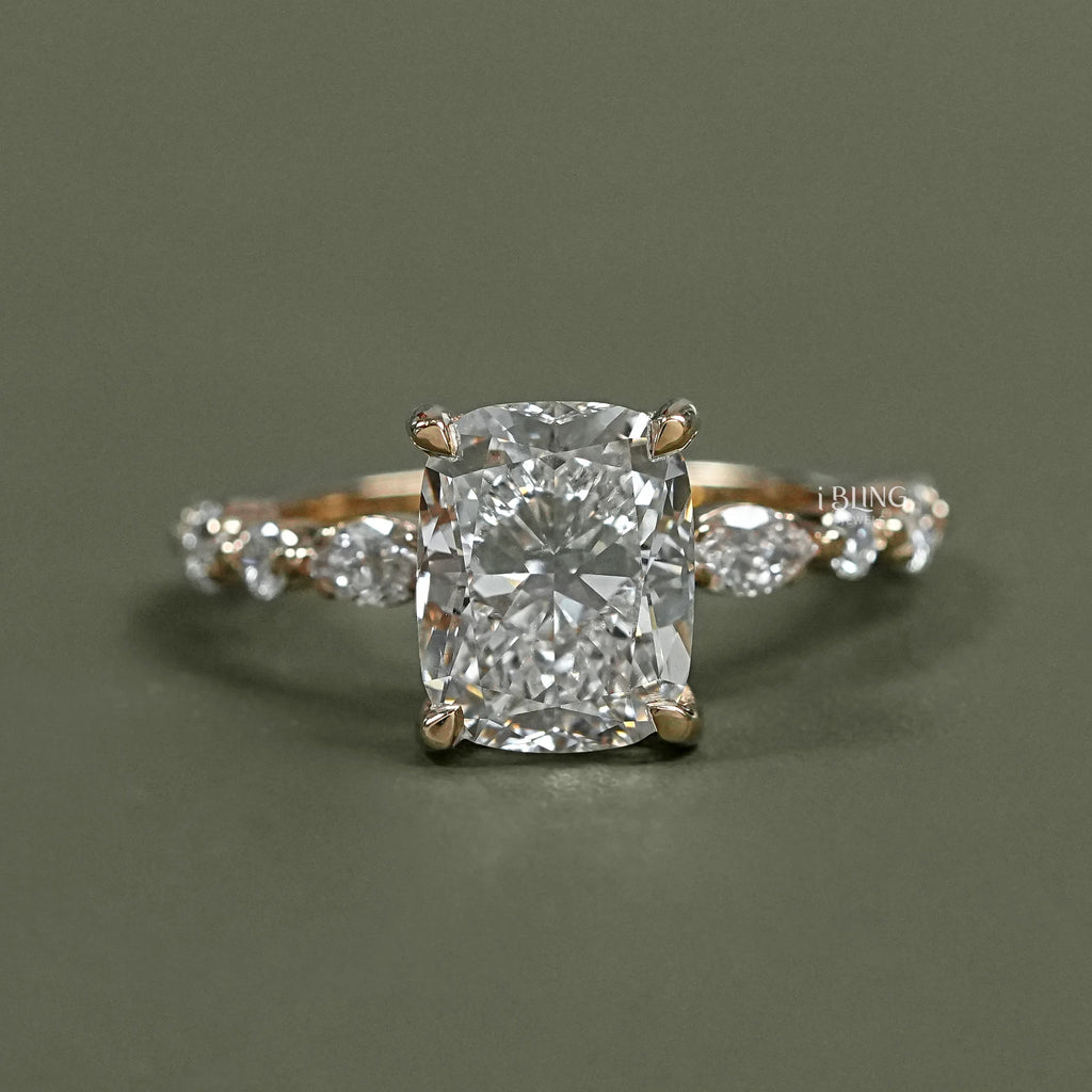 Cushion Cut Lab Diamond Hidden Halo Accent Ring