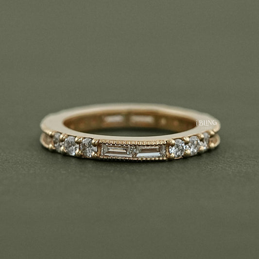 Baguette And Round Diamond Filigree Wedding Band
