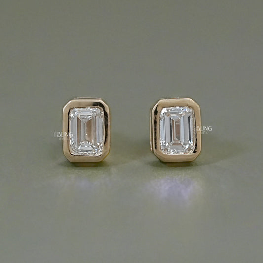 Emerald Cut Bezel Set Stud Earrings