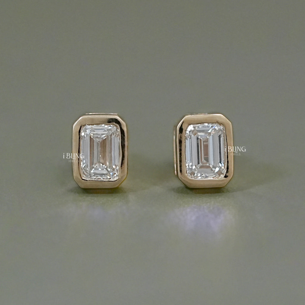 Emerald Cut Bezel Set Stud Earrings