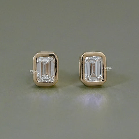 Emerald Cut Bezel Set Stud Earrings