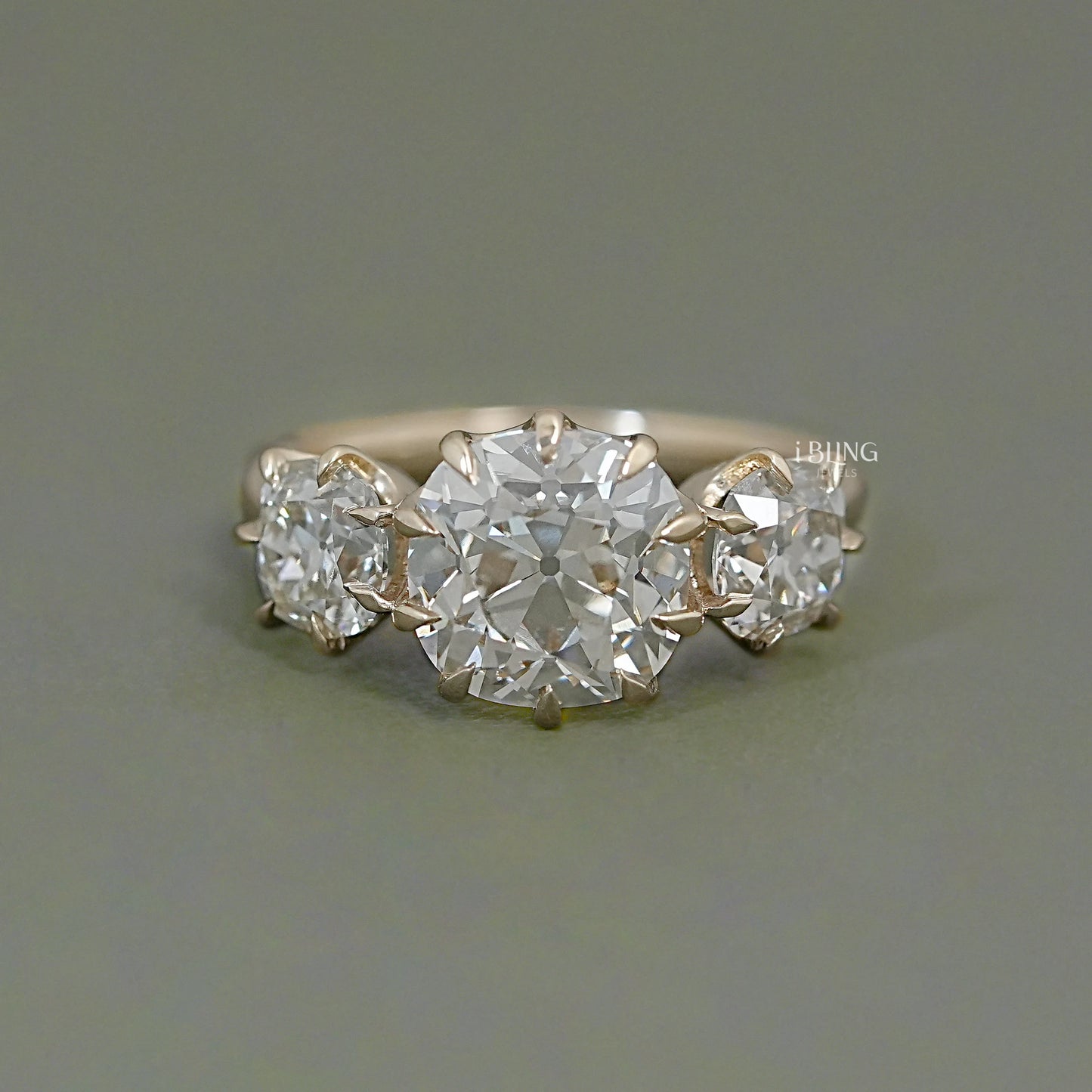 Three Stone Old Mine Cushion Cut Engagement Ring