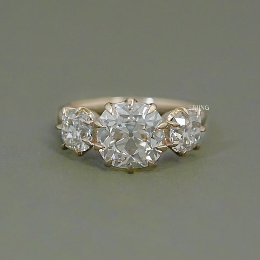Three Stone Old Mine Cushion Cut Engagement Ring