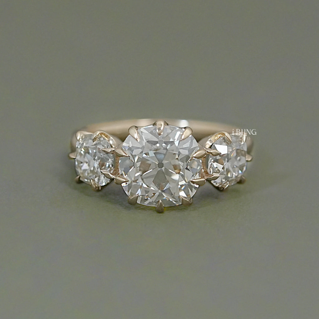 Three Stone Old Mine Cushion Cut Engagement Ring