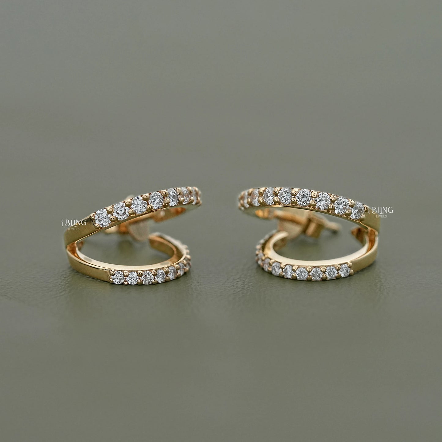 Round Diamond Double Row C Hoop Earrings