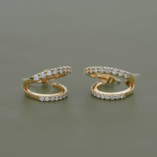 Round Diamond Double Row C Hoop Earrings