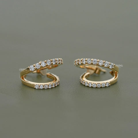 Round Diamond Double Row C Hoop Earrings