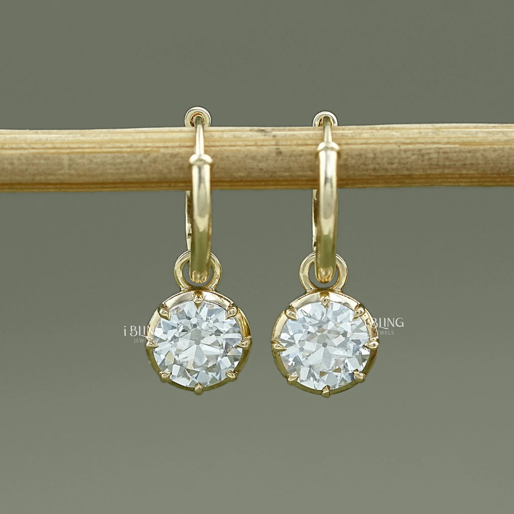 Old European Round Cut Drop Hoop Earrings