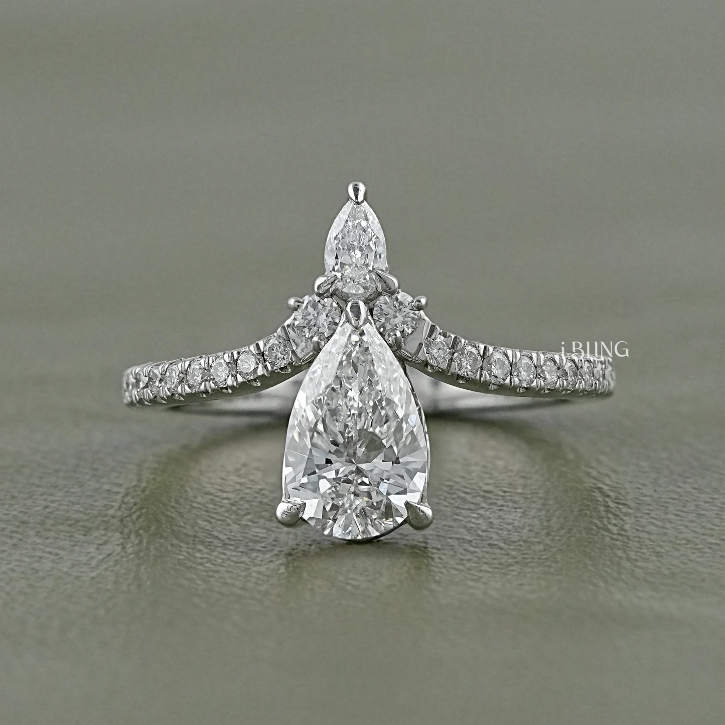 Pear Cut Lab Diamond Chevron Ring Solitaire Accent Ring