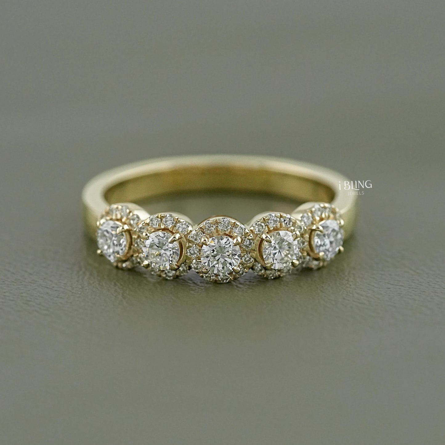 Round Lab Grown Diamond Five Stone Halo Wedding Band 5 Stone Ring
