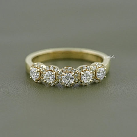Round Lab Grown Diamond Five Stone Halo Wedding Band
