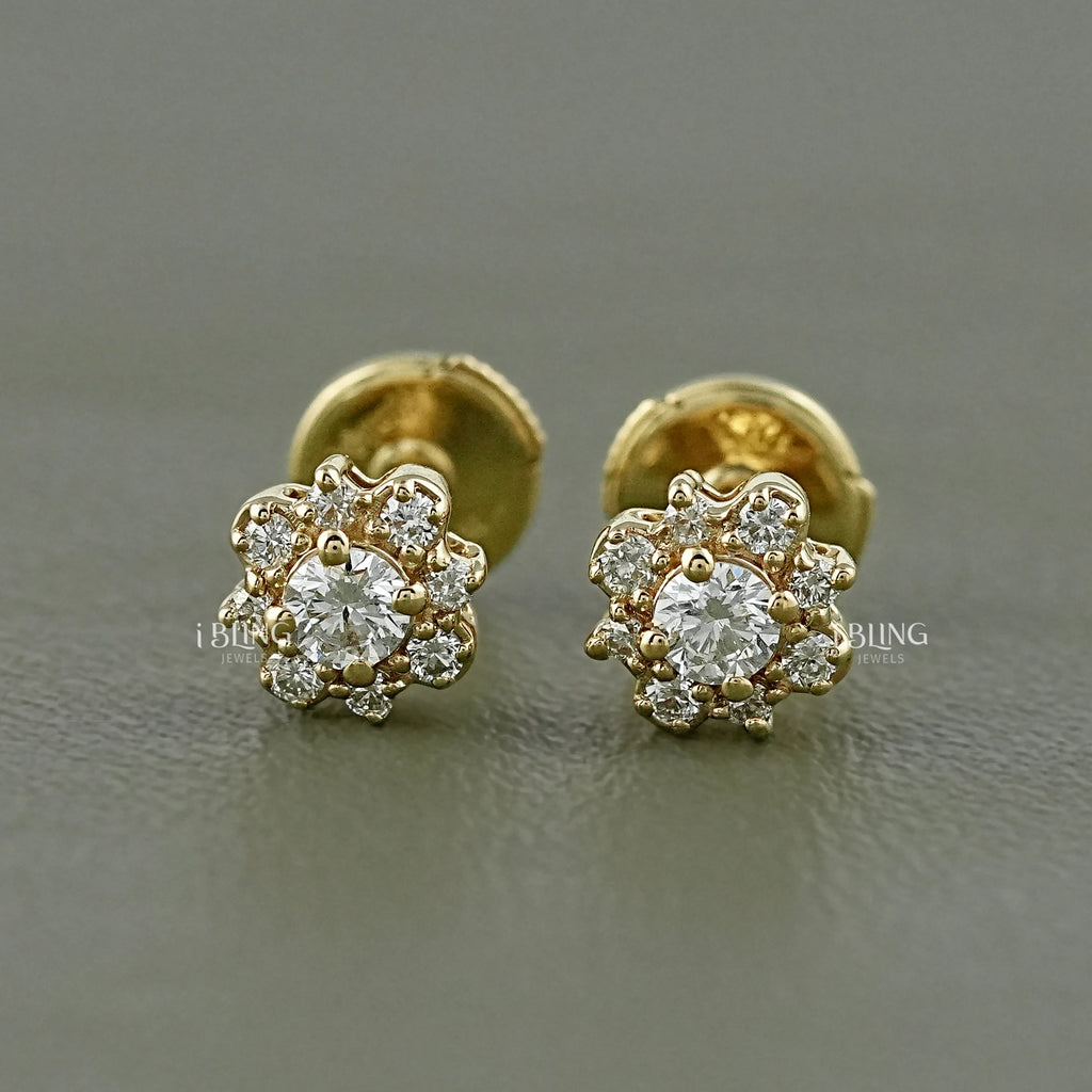 Round Lab Diamond Floral Style Halo Stud Earrings