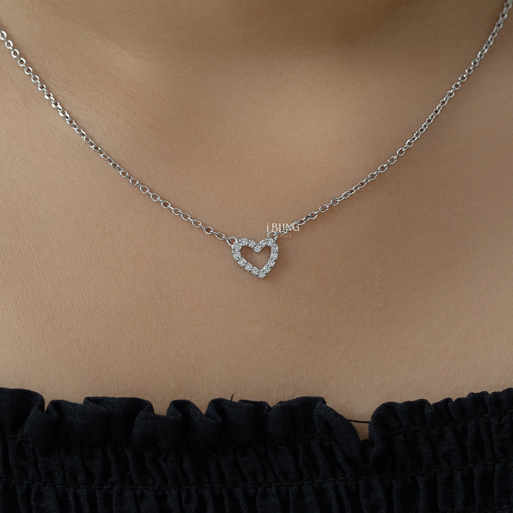Round Lab Diamond Open Heart Shape Pendant Necklace