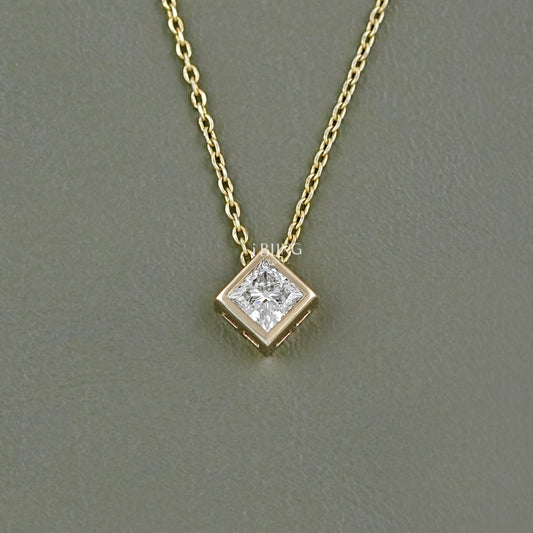Princess Diamond Bezel Set Solitaire Necklace Pendants