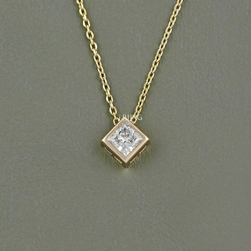 Princess Diamond Bezel Set Solitaire Necklace