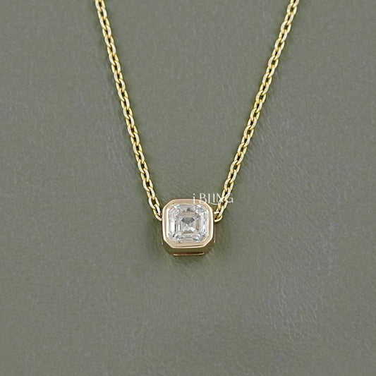 Asscher Cut Diamond Bezel Set Solitaire Necklace