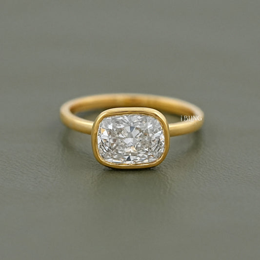 East West Cushion Cut Bezel Solitaire Engagement Ring