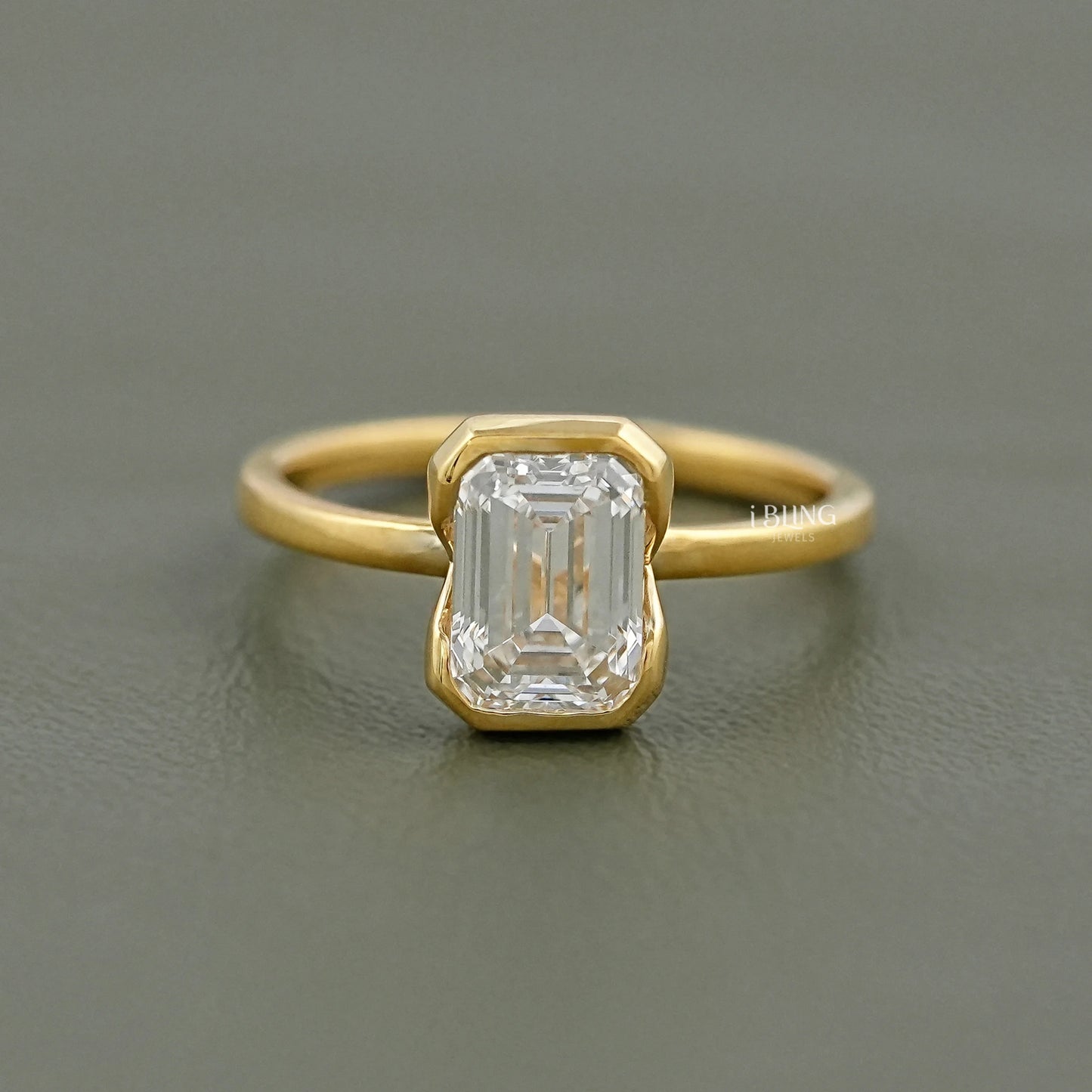 Bezel Set Emerald Cut Lab Diamond Engagement Ring Solitaire Ring