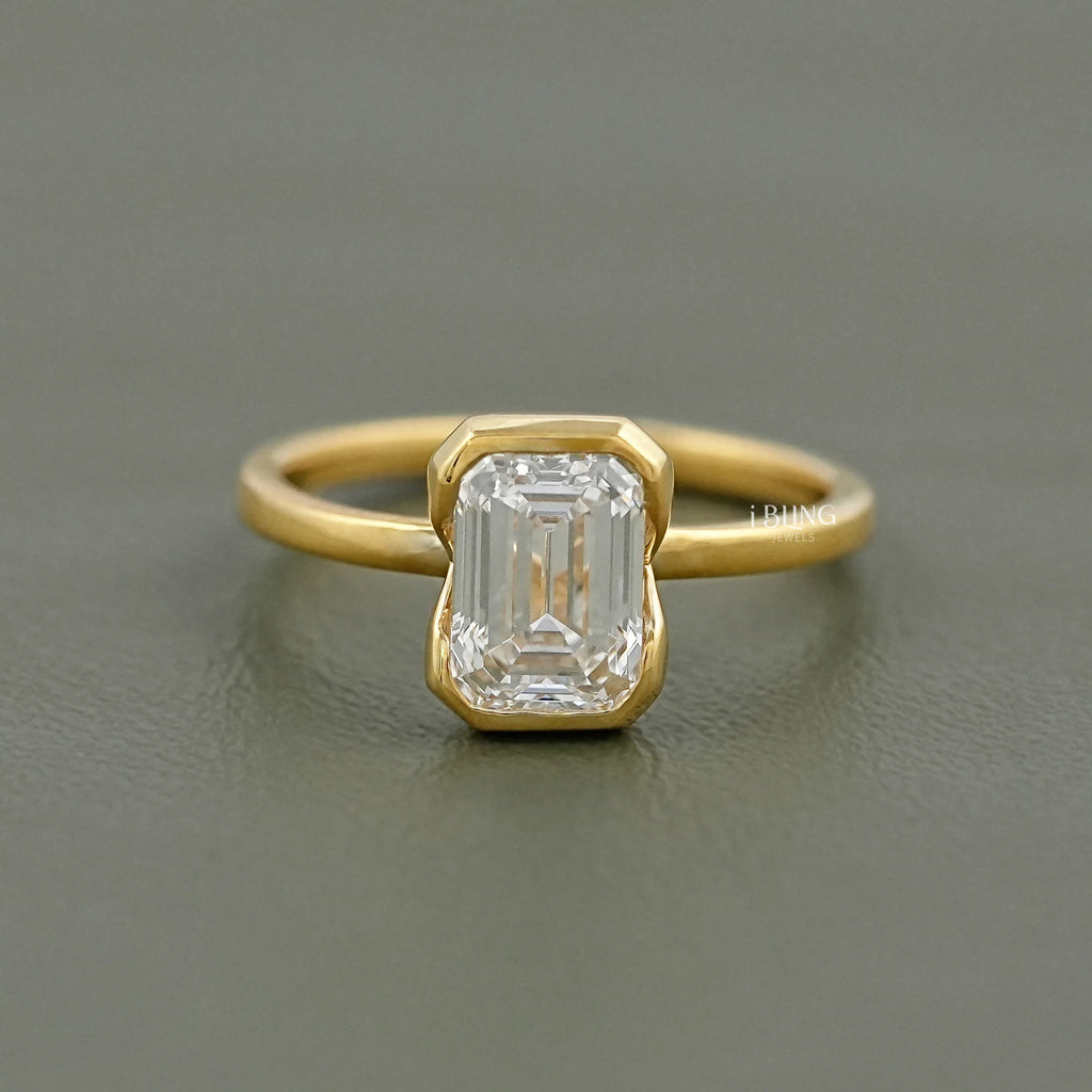 Bezel Set Emerald Cut Lab Diamond Engagement Ring