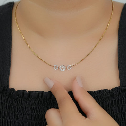 Round Rose Cut Three Stone Lab Diamond Linked Necklace