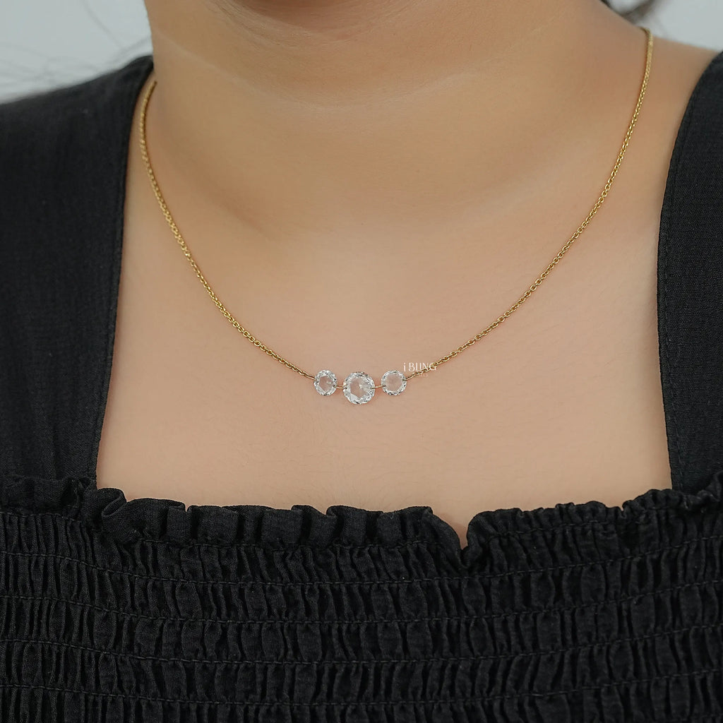 Round Rose Cut Three Stone Lab Diamond Linked Necklace
