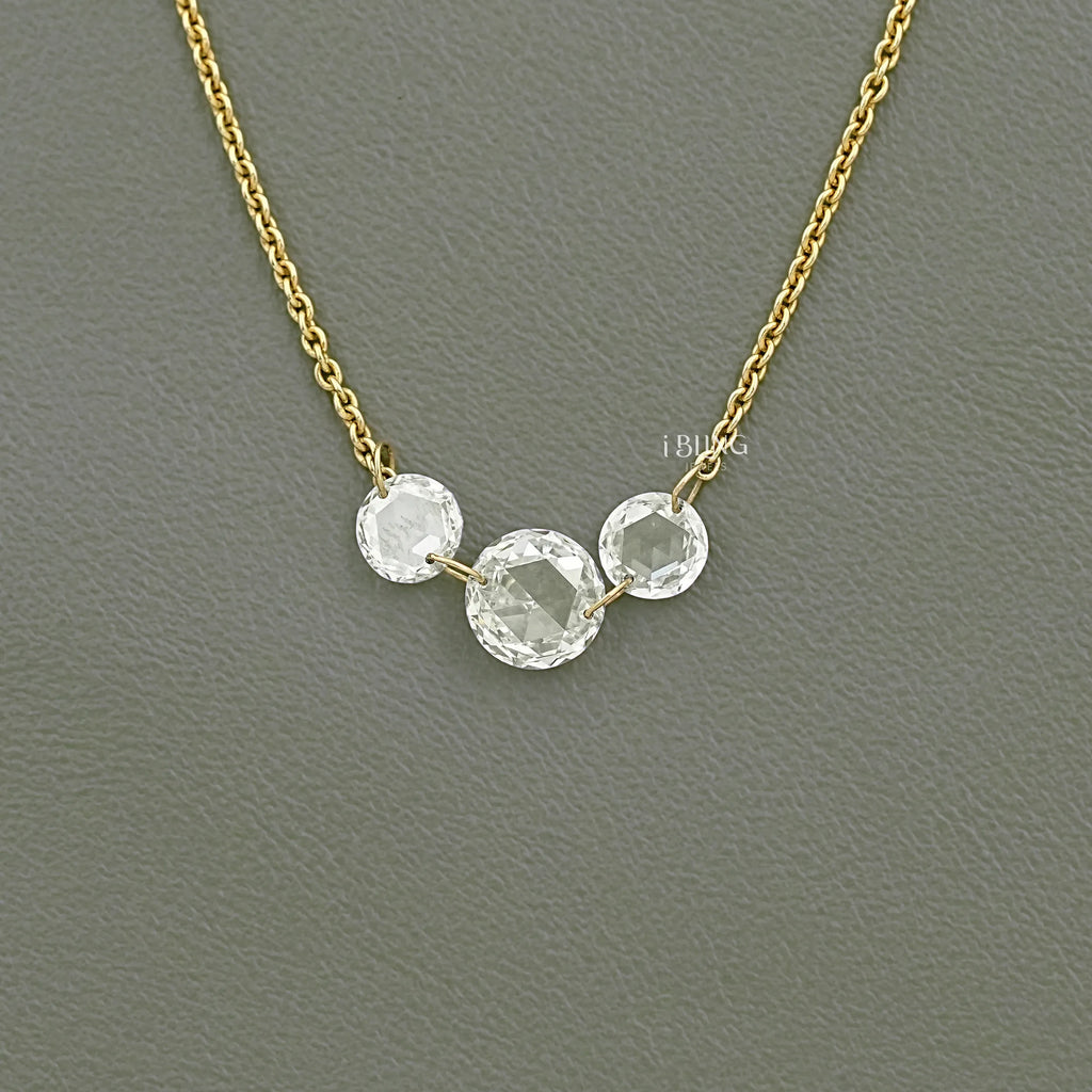 Round Rose Cut Three Stone Lab Diamond Linked Necklace