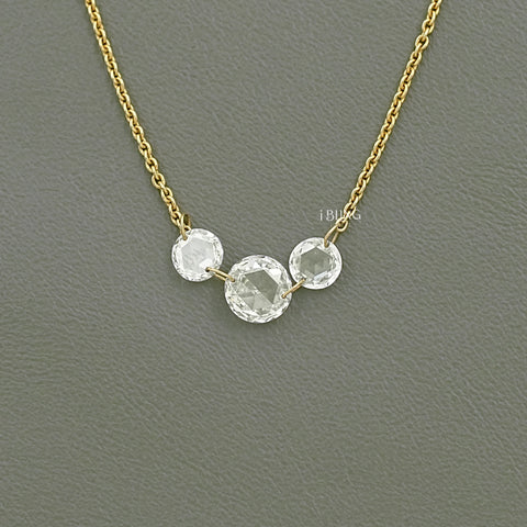 Round Rose Cut Three Stone Lab Diamond Linked Necklace