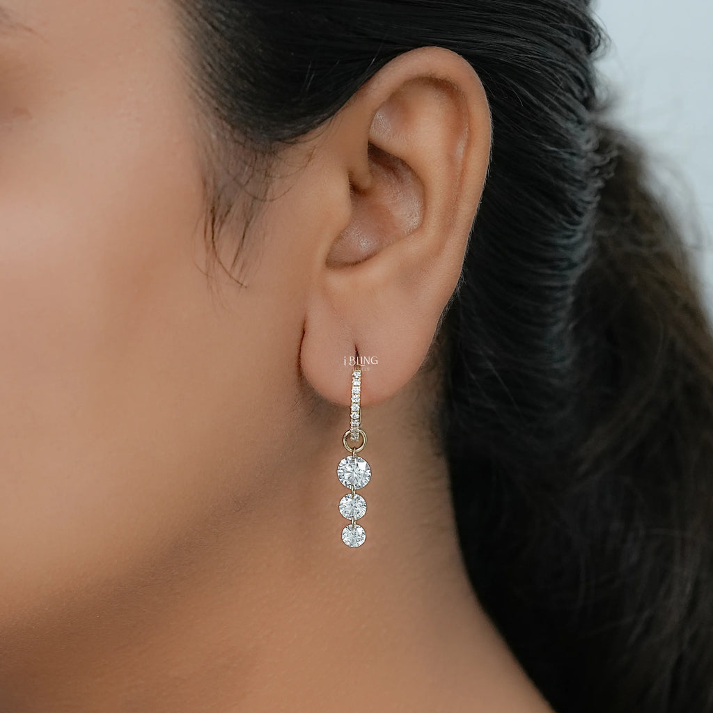 Three Stone Round Lab Diamond Hoop & Huggie Earrings