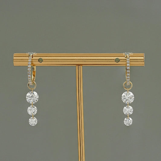 Three Stone Round Lab Diamond Hoop & Huggie Earrings Earrings