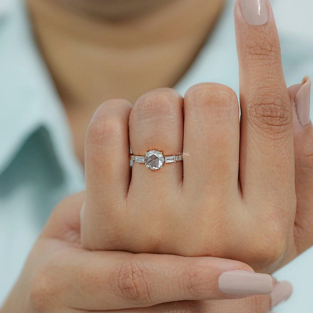 Three Stone Round Rose Cut Accent Engagement Ring