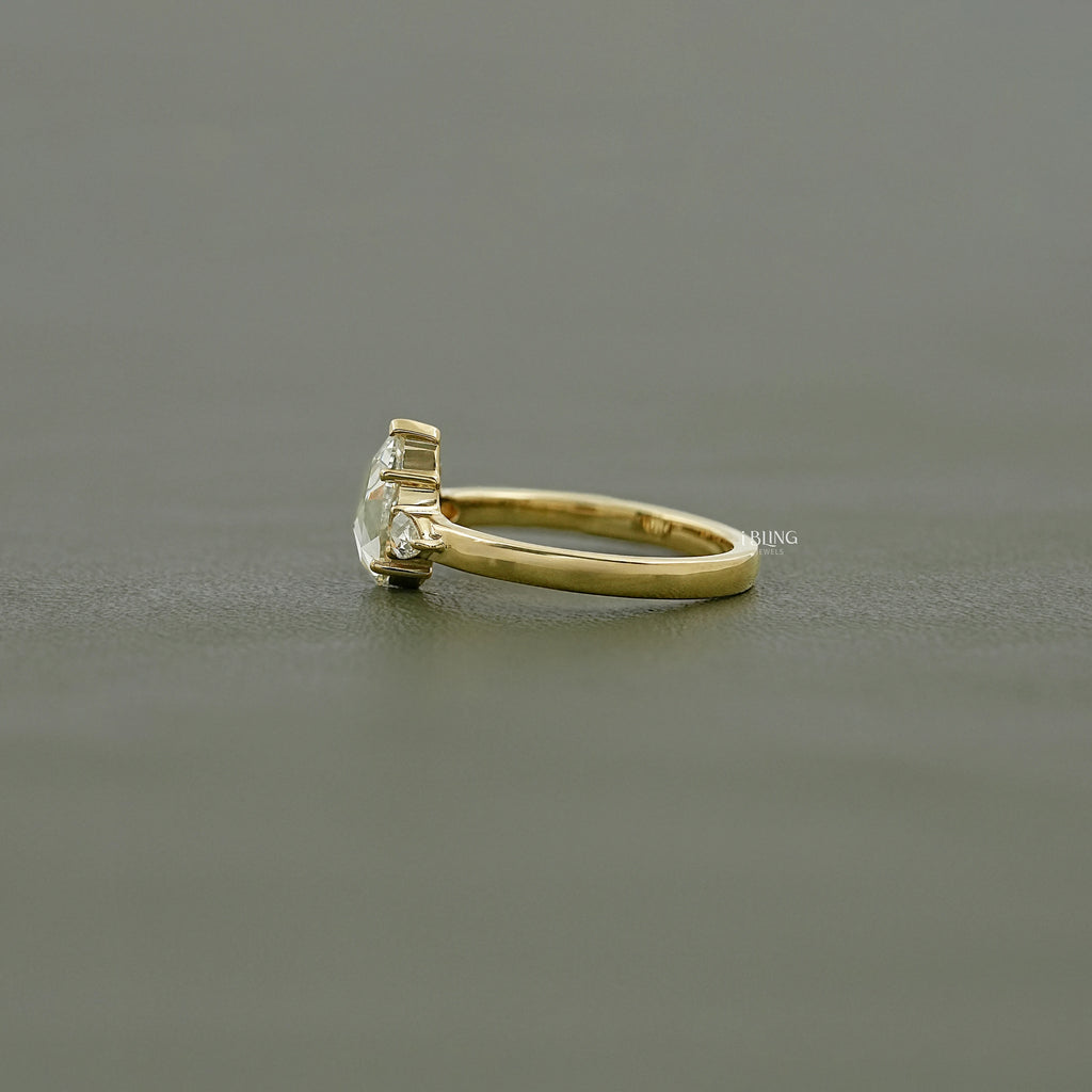 Three Stone Rose Cut Pear Lab Diamond Engagement Ring