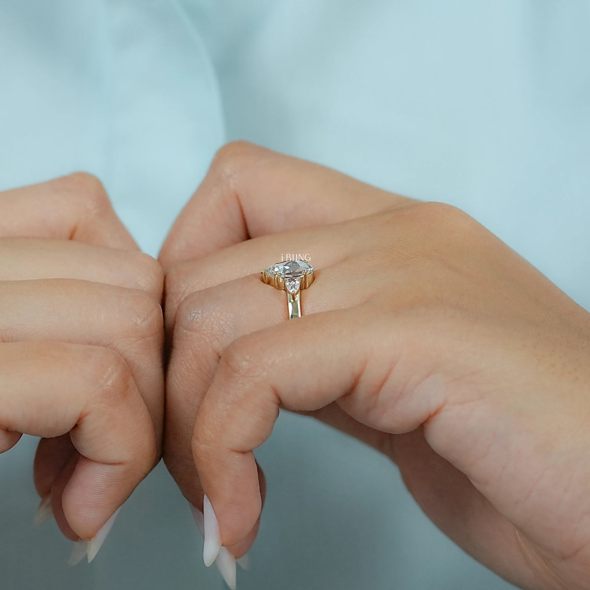 Three Stone Rose Cut Pear Lab Diamond Engagement Ring Three Stone Ring