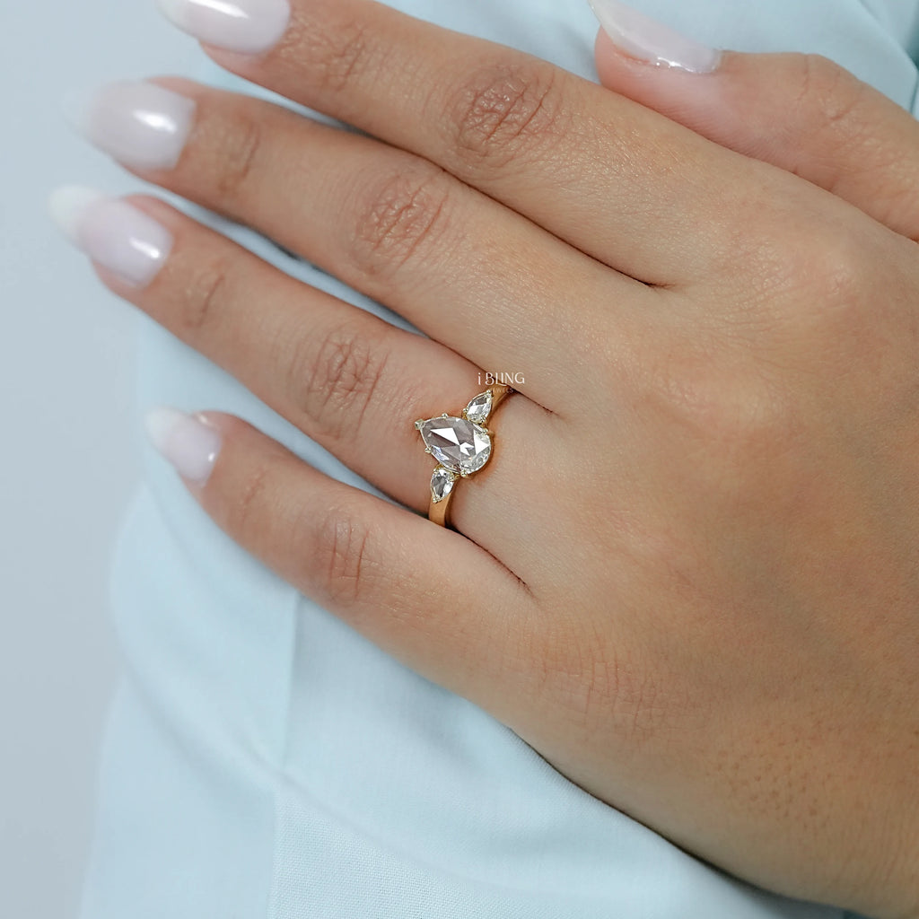 Three Stone Rose Cut Pear Lab Diamond Engagement Ring