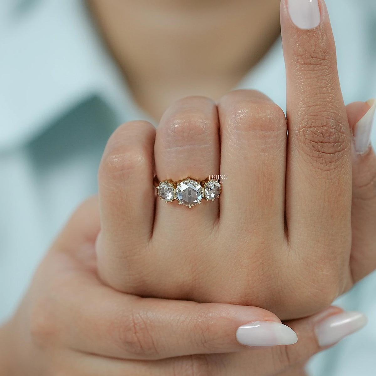 Georgian Style Three Stone Rose Cut Round Diamond Ring Three Stone Ring