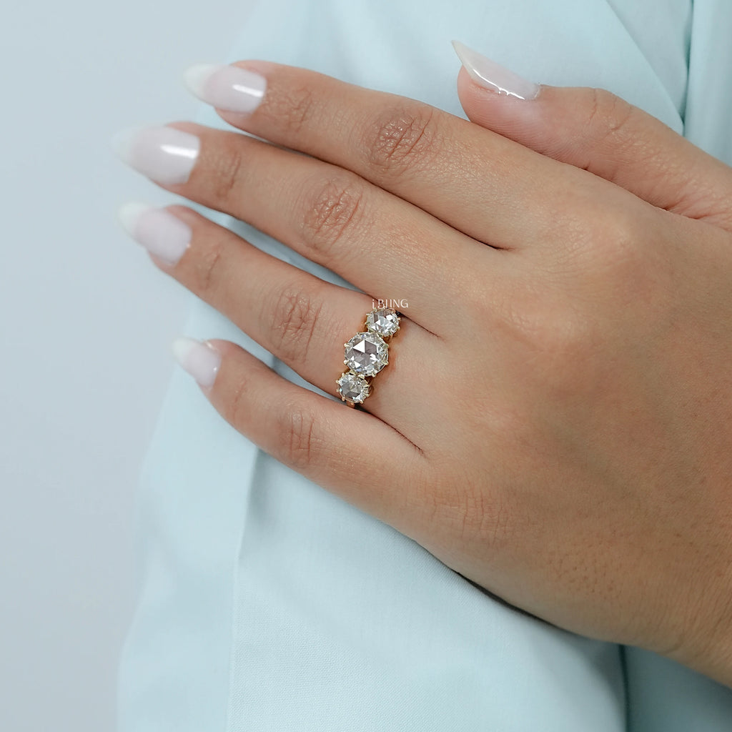 Georgian Style Three Stone Rose Cut Round Diamond Ring