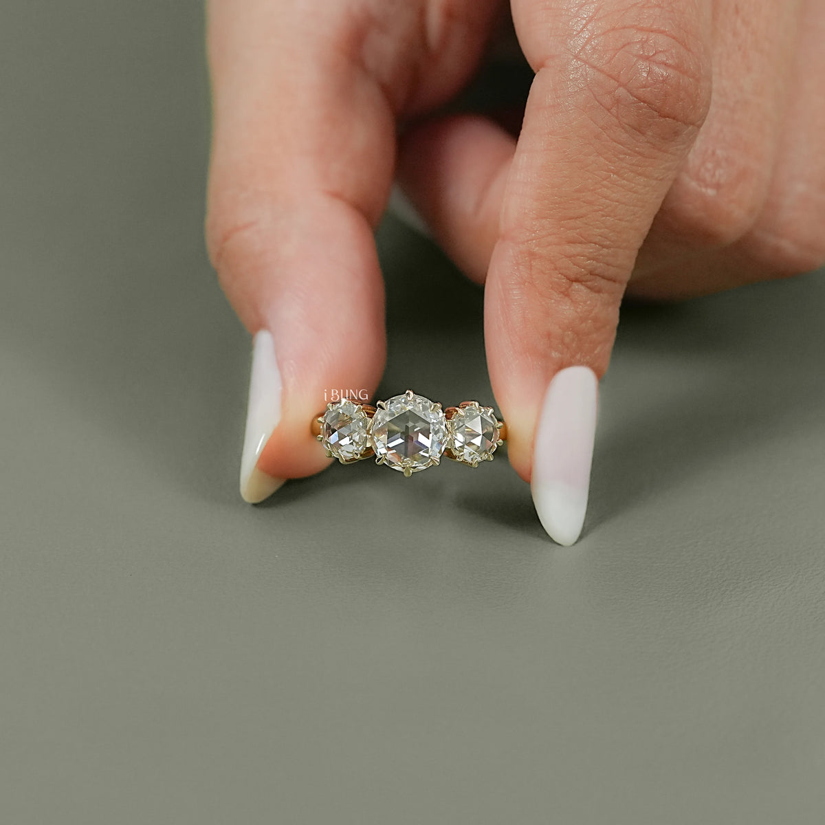 Georgian Style Three Stone Rose Cut Round Diamond Ring Three Stone Ring