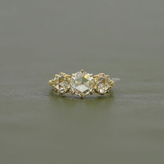 Georgian Style Three Stone Rose Cut Round Diamond Ring Three Stone Ring