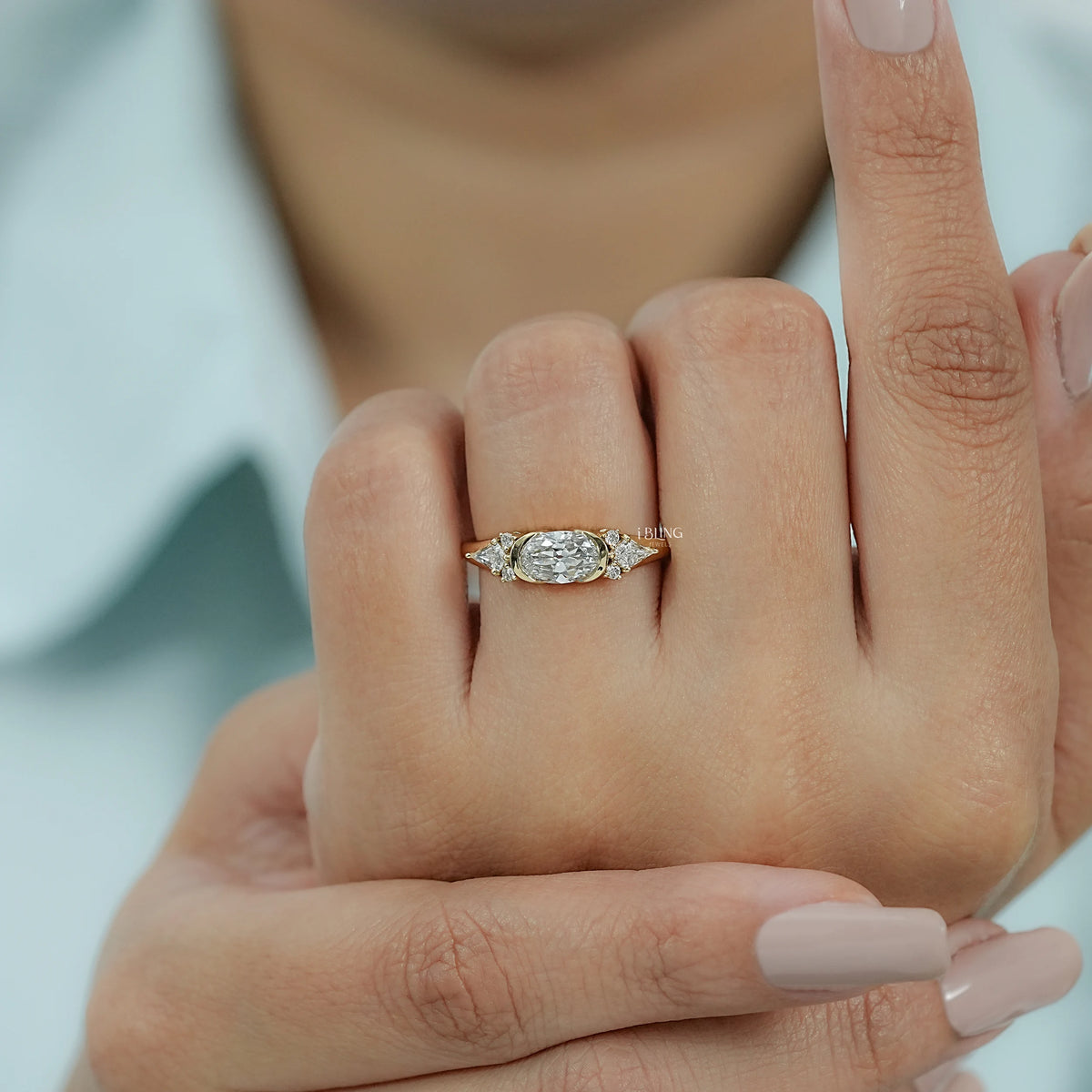 East West Old Mine Moval Half Bezel Accent Ring Solitaire Accent Ring