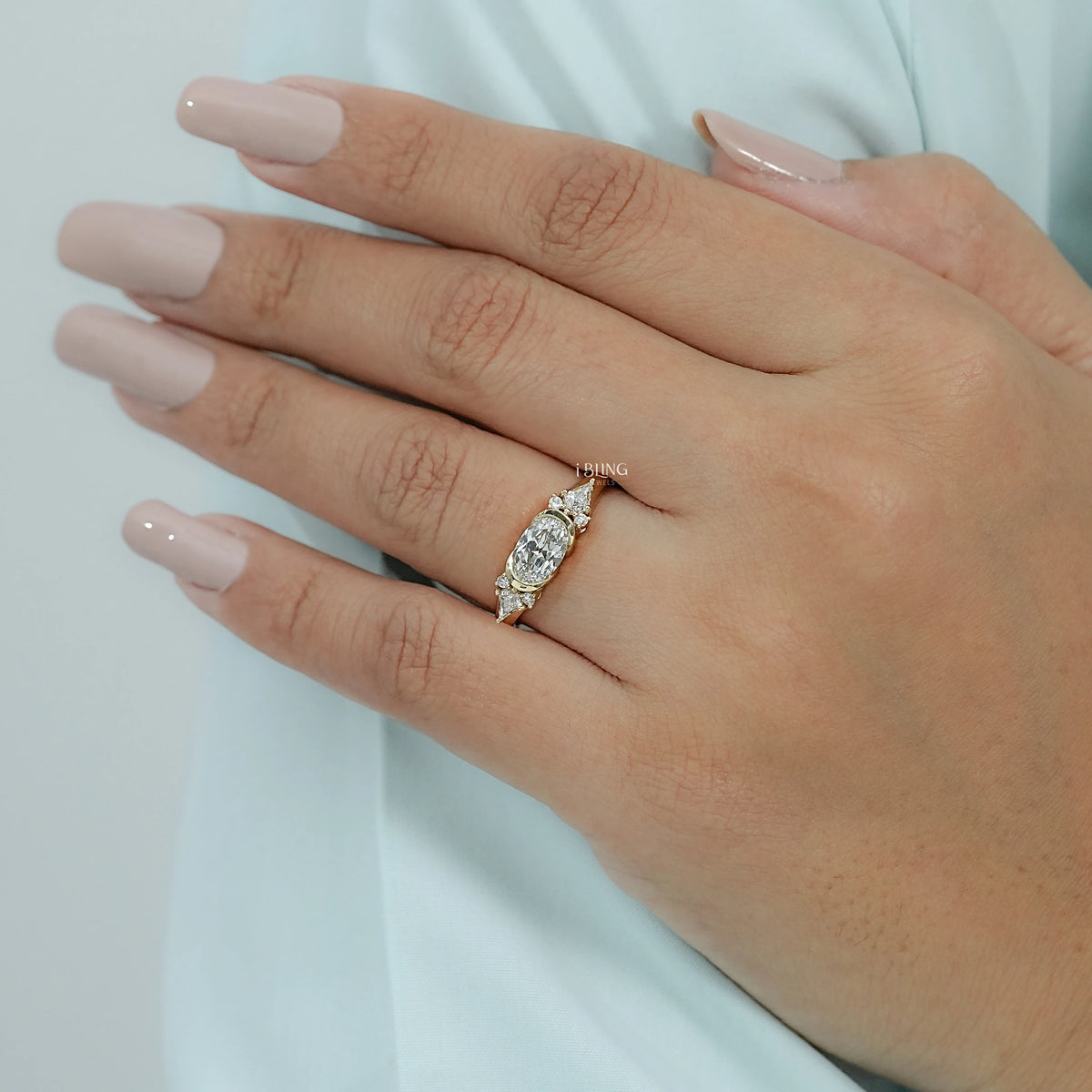 East West Old Mine Moval Half Bezel Accent Ring Solitaire Accent Ring