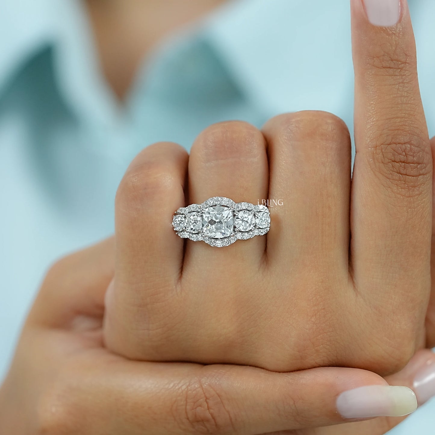 Cushion Cut Lab Grown Halo Diamond Five Stone Ring