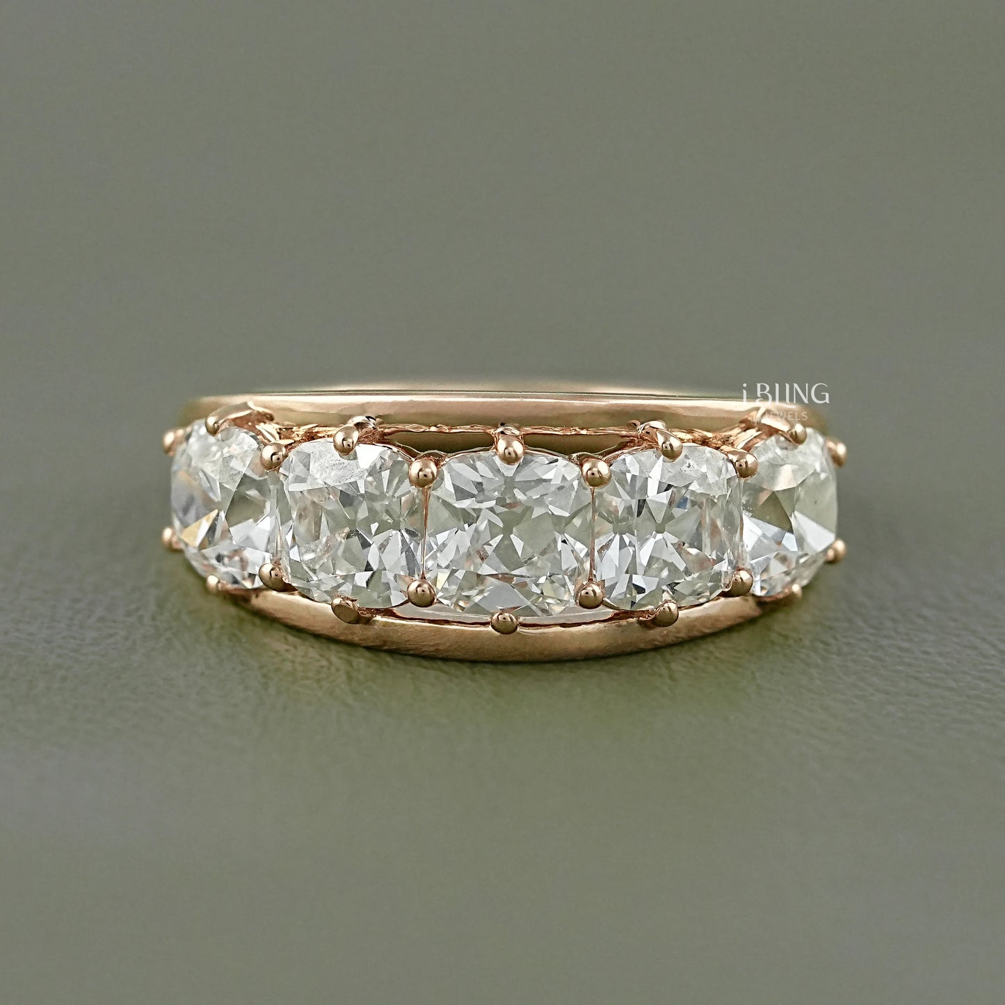 Old Mine Cushion Diamond Split Shank Five Stone Band